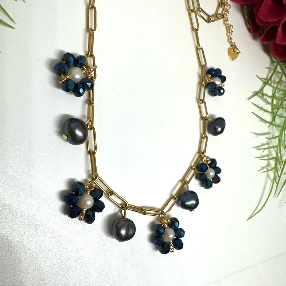NEW⚜️Freshwater Tahitian Pearl & Crystal Flower Charm Necklace